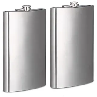 Relaxdays 2x Flachmann XXL aus Edelstahl, Riesen Flachmann mit 1800 ml Fassungsvolumen, klassisches Flachmann-Design, silber