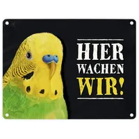 Trendaffe Metallschild mit Wellensittich grün Motiv und Spruch: Hier