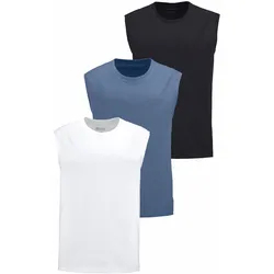 Muscleshirt, (Packung, 3 tlg 3er-Pack), ärmellos, Basic-Stil, unifarben, Rundhalsausschnitt, Gr. 4XL (68/70), schwarz, weiß, blau, , 59853451-4XL