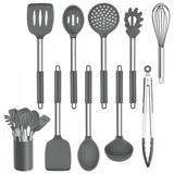 Homikit Silikon Küchenhelfer Set, 10-teiliges Küchenutensilien Kochutensilien Set mit Edelstahlgriff, Antihaft Hitzebeständiger Kochgeschirr Set, Spülmaschinenfest, Grau