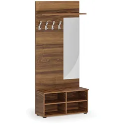 Garderobenwand PRIMO, Schuhregal + Spiegel, 4 Haken, Ablage, Nussbaum