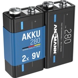 Ansmann 9V Akku Typ 280mAh NiMH 1,2V - E-Block Batterien wiederaufladbar mit geringer Selbstentladung ideal für Fernsteuerung, Messgeräte, Multimeter, Mikrofon (2 Stück)