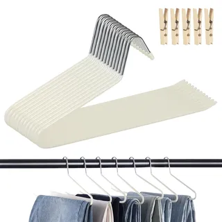 12 Stück Hosenbügel, Offenes Ende Hosen Kleiderbügel, rutschfest Hosenspanner Platzsparend Metall-Hosenbügel mit 5 Clips für Hosen, Jeans,Schals,Kleidung(Beige)