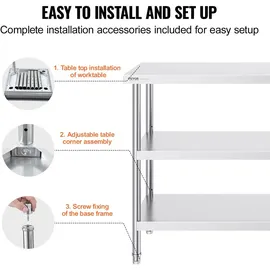 Vevor Lebensmittel-Zubereitungstisch aus Edelstahl, Gewerblicher Küchenarbeitstisch, mit 2 verstellbaren Unterregalen, 457 x 1219 x 864 mm Zubereitungstisch für Grill, Küche, Zuhause