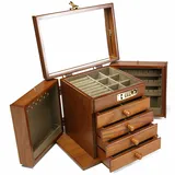 Quiltern Schmuckkasten Schmuckschrank 5 Schichten Schmuckschrank Schatulle aus Holz Große Schmuckkästchen mit Spiegel 5 Schichten+2 ausklappbare Schränke Braun