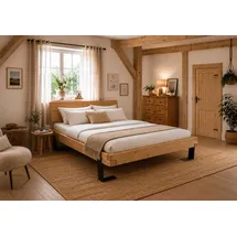 Home Affaire Massivholzbett HOME AFFAIRE "Ultima Balkenbett Doppelbett, Füße Metallkufe mit Holzelement", braun (fichte), B:178cm H:88cm L:228cm, Betten, Massivholzbett, FSC-zertifizierte Wildeiche oder Fichte, viele Breiten zur Auswahl