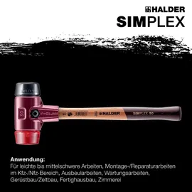 Halder Schonhammer SIMPLEX Kopf-D.50mm mittelhart/hart Gum. schwarz/Plastik rot
