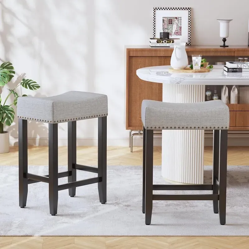 Ckaff Barhocker-Set aus 2 Stücken, 65,5 cm hohe Barhocker, Küchenstühle, aus Leinen gefertigt, Make-Up-Stuhl, Esszimmerstuhl, Badezimmerhocker, Bürostuhl, Barhocker mit Fußstütze für die Küche, Wohnzimmer