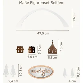 Weigla - Figurenset 8 TLG. original Erzgebirge I Motiv Seiffen weiß/braun I Figurenset für Dekosockel I detailreiche Holzkunst I Weihnachtsdeko mit Seiffener Kirche, Häuschen, Bäumen & Bogen