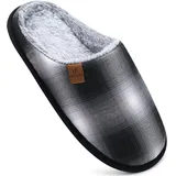 COFACE Herren Rückstellschaum hausschuhe, warme plaid Pantoffeln für manner, flauschig plüsch Gefüttert mit Rutschfeste Gummisohle Schwarz Grau Größe 47EU - 47 EU