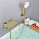 SHANFO Badewannenarmatur mit Handbrause, Wannenarmatur Wasserfall, Armatur Badewanne Set, Mischbatterie Badewanne mit Brause Messing, Gold Gebürstet, 16Y4OK