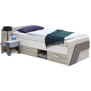 Lomadox Jugendbett LEEDS-10, mit Nachttisch in Sandeiche Nb. mit weiß Lava und Denim Blau 90x200cm blau|grau|weiß
