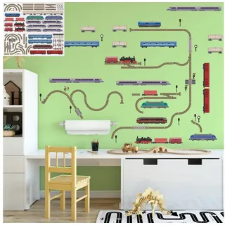 Sunnywall XXL Eisenbahn Zug Lokomotive Wandtattoo Set verschiedene Motive| Kinderzimmer Aufkleber bunt Wanddeko