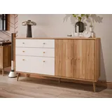 Forte EasyKlix HARLLSON Kommode 160 Holzdekor: Mauvella Eiche nit Weiß, Sideboard mit 2 Schubladen und 3 Türen, skandinavisch, Retro Stil, hoche Holzfüße, 160 cm breit x 86 cm hoch x 41 cm tief