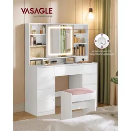 VASAGLE Schminktisch, mit Ladestation, 9 Schubladen, 10x Vergrößerungsspiegel, werkzeuglose Gleitschienen,