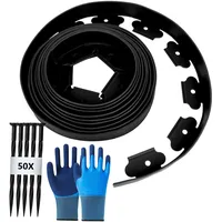 Flexible Rasenkante aus Kunststoff Länge 10m Höhe 5cm, mit 50 Erdanker + 1 Paar Handschuhe, Schwarz