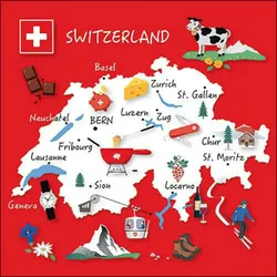 20 Servietten Papier 33x33cm 3-lagig - hochwertige Einweg Papierservietten Schweiz Karte Reise Souvenir Alpen Skifahren Fondue Uhren Zürich Party Deko