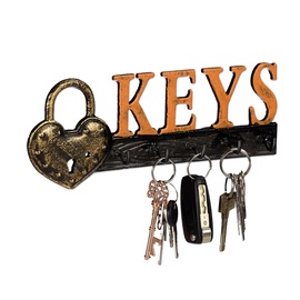 Relaxdays Schlüsselbrett, 5 Haken, Vorhängeschloss & Keys-Schriftzug, Gusseisen, Vintage, HBT 10x26x3 cm, orange/schwarz, 1 Stück