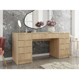 Mirjan24 Schreibtisch / Schminktisch Tireno Bis, Schlafzimmer Kosmetiktisch mit neun Schubladen, Goldfarben Aluminiumgriffe (Farbe: Eiche Cremona) - Braun