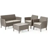 KETER Salemo Lounge Set, Gartenmöbel aus Rattan mit 2-Sitzer-Sofa, 2 Sesseln und Couchtisch für Kissen, Cappuccino