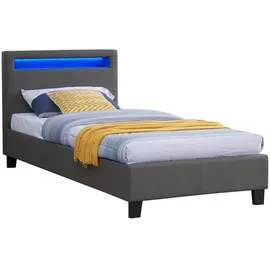 CARO-Möbel Polsterbett Mandalay 90 x 200 cm grau - mit LED Beleuchtung Einzelbett Kunstlederbett mit Lattenrahmen