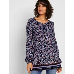 Langarmshirt INSPIRATIONEN "Druck-Shirt", Damen, Gr. 50, blau (marine, himmelblau, gemustert), 50% Baumwolle, 50% Modal, gemustert, V-Ausschnitt, Langarm, Shirts