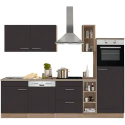 Küchenzeile OPTIFIT "Kalmar", grau (front: anthrazit, korpus: eichefarben hell, arbeitsplatte: eichefarben hell), B:270cm T:60cm, Komplettküchen-Sets, Breite 270 cm, wahlweise mit E-Geräten, mit Arbeitsplatte