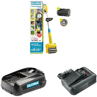 GLORIA MultiBrush li-on – Akku-Komplett-Set mit 18V BOSCH Akku (2.5 Ah) & Schnellladegerät | Terrassenreiniger & Fugenbürste für Stein, Holz, Fugen & Rasenkanten | inkl. 2 Aufsätze