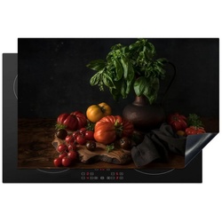 MuchoWow Herdblende-/Abdeckplatte Stilleben – Tomaten – Basilikum – Gemälde – Gemüse – Schwarz, Vinyl, (1 tlg), 81×52 cm, Ceranfeldabdeckung, Arbeitsplatte für küche bunt 81 cm x 52 cm x 0.3 cm