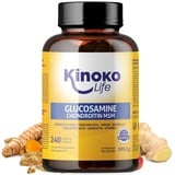 Kinoko life Glucosamin und Chondroitin – 240 Kapseln mit MSM, Meereskollagen, Hyaluronsäure, Kurkuma, schwarzem Pfeffer, Ingwer, Boswellia und Quercetin. Für Gelenke, Knorpel und Knochen