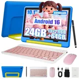 Happybe 10’’ 24(3+21)GB+64GB Android 16 mit Hülle Kindersicherung WLAN Kinder Tablet (10.1", 64 GB, Android) blau|rosa