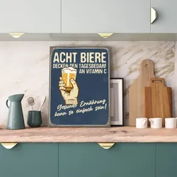 Metallbild QUEENCE "Acht Biere Spruch Stahlschild Blechschild", blau (farbe bild(er): blau), B:20cm H:30cm T:0,2cm, Blech, Metall, Bilder, 20x30x0,2cm - mit 4 Lochbohrung