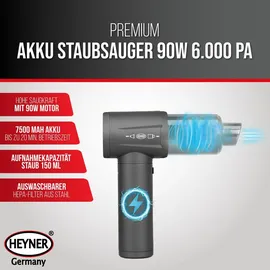 Heyner HEYNER® Akku Auto Staubsauger - 6.500 Pa I Staubgebläsefunktion + Bürstenloser Motor + 4 Geschwindigkeitsstufen + Waschbarer HEPA-Stahl-Filter +... - Grau