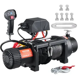 VEVOR Elektrische Seilwinde 12V 4536kg/10000 lbs Offroad Motorwinde Seilzug Elektrowinde Nylon-Seil mit kabelloser Fernbedienung Schwarz Ideal für mittelgroße große SUVs LKWs und sogar Yachten