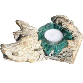 WOGEKA - Weißer Glas Teelichthalter auf Wurzel-Holz - White Line Collection - Maritime Mediterrane Deko als Geschenk zu Weihnachten Geburtstag Teelicht 1w