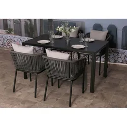 Gartengarnitur MCW-N41, Tisch+4xStuhl, wetterfest Alu 140x80cm, Seilgeflecht Rope ~ anthrazit Kissen hellgrau