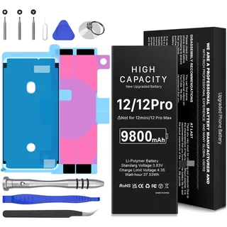 Akku für iPhone 12, 9800mAh Verbesserter Ersatzakku mit höherer Kapazität für iPhone 12/12 Pro Modelle A2407, A2341, A2406, A2408 mit Reparaturwerkzeugsatz