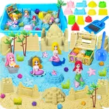 IEEILULU Meerjungfrau Spielsand Sandspielzeug, Sand Sandbox Set, Spielsand Koffer mit 1kg Knetsand und 41pcs Zubehör, Sensorisch Sandspielzeug Kreatives Indoor, Kinder Geburtstag Weihnachten Geschenk