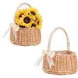 KEEBGYY 2 Stück handgeflochtene Blumenkörbe, Rattan-Blumenkorb, Hochzeits-Blumenmädchen-Körbe mit Griffen und Band, Blumenmädchen-Handkorb für Hochzeit, Ostern, Party-Dekoration