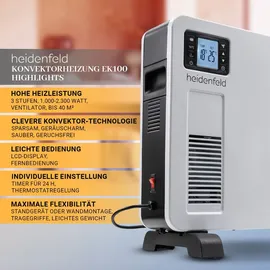 Heidenfeld Konvektorheizung EK100, Standgerät oder Wandmontage, 1000-2300 Watt, Timer, bis 40 m2