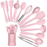 Küchenhelfer Set, 14-teiliges Silikon Kochutensilien Kochbesteck Set, Hitzebeständiger Kochgeschirr mit Utensilienhalter, Antihaft Kochset Küchenutensilien, Spülmaschinenfest - Rosa