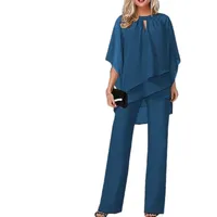 JIAALU Hosenanzug Damen Zweiteiler Chiffon Shirt Tüll Abendanzug Sets Elegant Vintage 2-Teiliges Set Outfit Cocktail Party Festlich Hosenanzug Hohe Taille Hosenanzug - 3XL