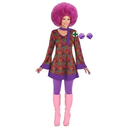 Karneval-Klamotten Hippie-Kostüm Damenkostüm Woodstock mit Hippie Brille groß, Kleid lila-bunt, V-Ausschnitt, mit Haarband und flieder Brille bunt 32-34