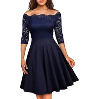 50s Rockabilly Retro Damen Kleider Halbarme Swing Cocktailkleider Party Abschlussball Elegant Abendkleid Knielang Spitzen Kleid, Navy Blau - L