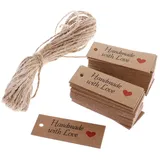 Mini-Geschenkanhänger, 5 cm x 2 cm, handgefertigt mit Liebe, aus Kraftpapier, rustikales Hochzeitsgeschenk, Etikett mit 5,5 m Jute-Schnur, 100 Stück