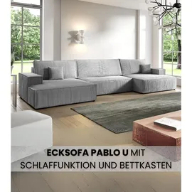 bromarkt Ecksofa PABLO U Schlaffunktion, Bettkasten U-Form 398x148x85cm Hellgrau - Hellgrau