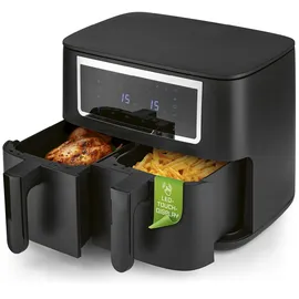 GOURMETmaxx Doppelkammer Heißluftfritteuse - 2 x 4 L | Synchro-Garzonen Airfryer | Fritteuse mit Touchscreen | Heißluftfritteuse 2 Kammern & 10 Programmen | fast ohne Öl frittieren