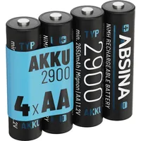Absina Akku AA wiederaufladbar 2900 4er Pack - NiMH AA Akku mit 1,2V & min. 2650mAh - Aufladbare Batterien AA für Geräte mit hohem Stromverbrauch - Akkus AA für Blitzgerät, Wii & Xbox Controller