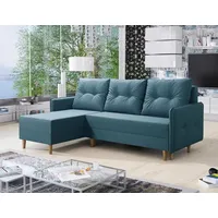 Easy4You Ecksofa FERN Türkis L-Form – 222x93x145 cm - Schlafsofa mit Bettkasten und Schlaffunktion - Eckcouch mit Stauraum und Holzfüße, Kisse... - Türkis