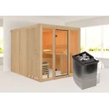 Woodfeeling Karibu Sauna Askja Superior mit Fronteinstieg 68 mm Ohne Dachkranz 9 kW Ofen integr. Steuerung inkl. 8-teiligem gratis Zubehörpaket (Gesamtwert 191,92€)